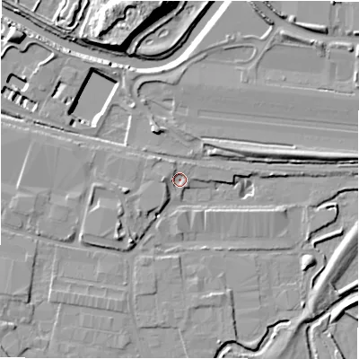Shaded relief map of the ground around B461JZ, computed from Environment Agency LiDAR. The ground here sits at about 72 m above sea level and falls 15 m across the surrounding 800 m. Surface water reaching this point runs off ground lying to the west, 2.7 m higher.