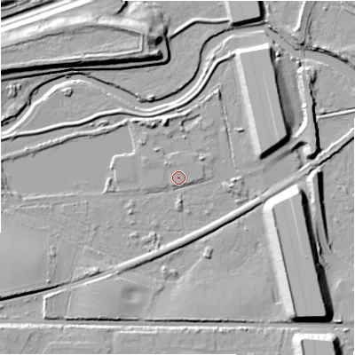 Shaded relief map of the ground around B461NS, computed from Environment Agency LiDAR. The ground here sits at about 76 m above sea level and falls 15 m across the surrounding 800 m. Surface water reaching this point runs off ground lying to the east-north-east, 8.9 m higher.