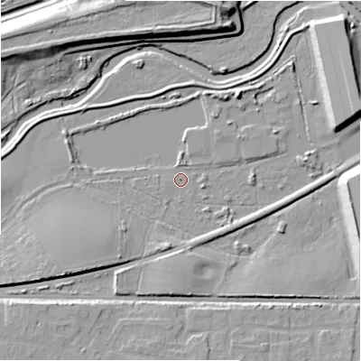 Shaded relief map of the ground around B461NT, computed from Environment Agency LiDAR. The ground here sits at about 75 m above sea level and falls 14 m across the surrounding 800 m. Surface water reaching this point runs off ground lying to the south-west, 8.9 m higher.