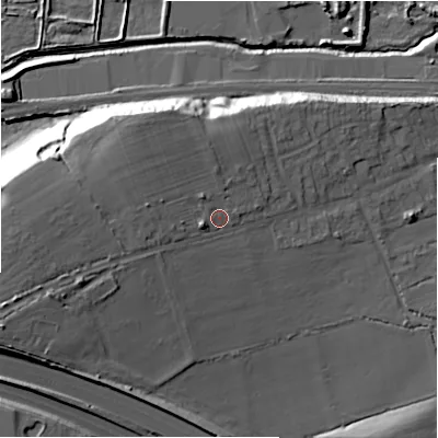 Shaded relief map of the ground around B461TG, computed from Environment Agency LiDAR. The ground here sits at about 92 m above sea level and falls 31 m across the surrounding 800 m. Surface water reaching this point runs off ground lying to the west, 6.1 m higher.