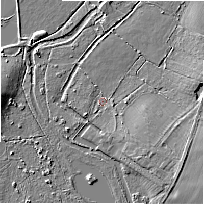 Shaded relief map of the ground around B462AB, computed from Environment Agency LiDAR. The ground here sits at about 72 m above sea level and falls 9 m across the surrounding 800 m. Surface water reaching this point runs off ground lying to the east-south-east, 1.9 m higher.