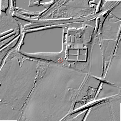 Shaded relief map of the ground around B462AH, computed from Environment Agency LiDAR. The ground here sits at about 72 m above sea level and falls 13 m across the surrounding 800 m. Surface water reaching this point runs off ground lying to the east-north-east, 3.2 m higher.