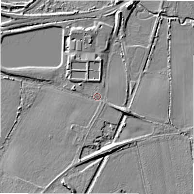 Shaded relief map of the ground around B462AJ, computed from Environment Agency LiDAR. The ground here sits at about 74 m above sea level and falls 11 m across the surrounding 800 m. Surface water reaching this point runs off ground lying to the east-south-east, 5.6 m higher.