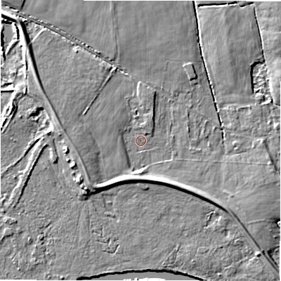 Shaded relief map of the ground around B462EF, computed from Environment Agency LiDAR. The ground here sits at about 69 m above sea level and falls 6 m across the surrounding 800 m. Surface water reaching this point runs off ground lying to the south-west, 3.3 m higher.