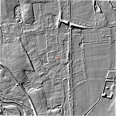 Shaded relief map of the ground around B462EH, computed from Environment Agency LiDAR. The ground here sits at about 69 m above sea level and falls 7 m across the surrounding 800 m. Surface water reaching this point runs off ground lying to the south-south-west, 3.8 m higher.