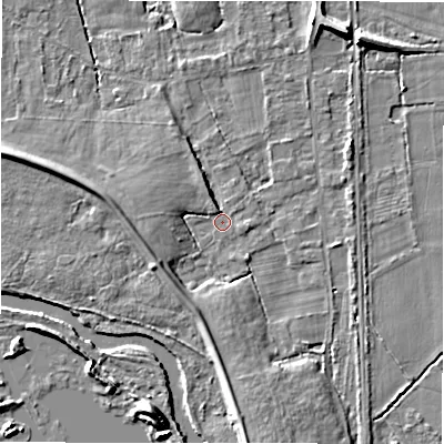 Shaded relief map of the ground around B462EL, computed from Environment Agency LiDAR. The ground here sits at about 69 m above sea level and falls 8 m across the surrounding 800 m. Surface water reaching this point runs off ground lying to the south, 4.1 m higher.