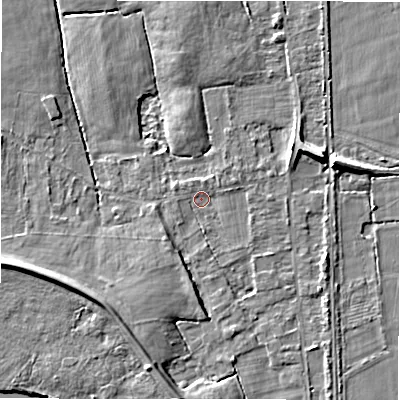 Shaded relief map of the ground around B462EN, computed from Environment Agency LiDAR. The ground here sits at about 68 m above sea level and falls 7 m across the surrounding 800 m. Surface water reaching this point runs off ground lying to the south, 4.1 m higher.