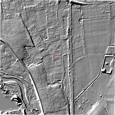 Shaded relief map of the ground around B462EQ, computed from Environment Agency LiDAR. The ground here sits at about 69 m above sea level and falls 8 m across the surrounding 800 m. Surface water reaching this point runs off ground lying to the south-south-west, 3.4 m higher.