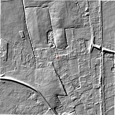 Shaded relief map of the ground around B462ET, computed from Environment Agency LiDAR. The ground here sits at about 69 m above sea level and falls 7 m across the surrounding 800 m. Surface water reaching this point runs off ground lying to the south-south-west, 1.0 m higher.