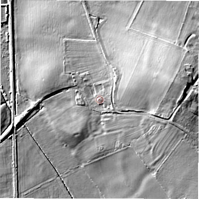 Shaded relief map of the ground around B462HP, computed from Environment Agency LiDAR. The ground here sits at about 76 m above sea level and falls 21 m across the surrounding 800 m. Surface water reaching this point runs off ground lying to the east-north-east, 3.0 m higher.