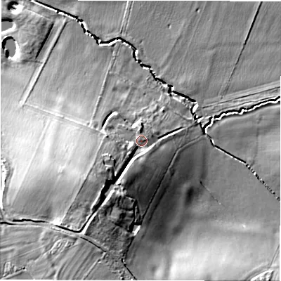 Shaded relief map of the ground around B462HS, computed from Environment Agency LiDAR. The ground here sits at about 77 m above sea level and falls 19 m across the surrounding 800 m. Surface water reaching this point runs off ground lying to the south-west, 11.6 m higher.