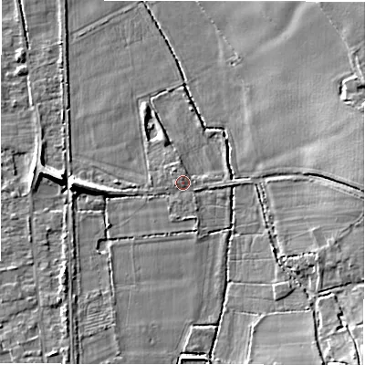 Shaded relief map of the ground around B462HX, computed from Environment Agency LiDAR. The ground here sits at about 69 m above sea level and falls 14 m across the surrounding 800 m. Surface water reaching this point runs off ground lying to the west, 0.7 m higher.