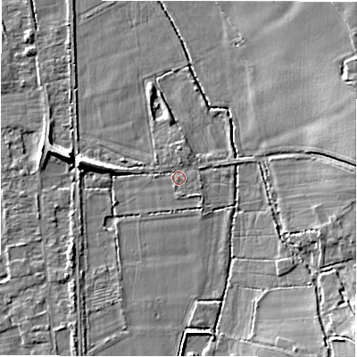 Shaded relief map of the ground around B462HY, computed from Environment Agency LiDAR. The ground here sits at about 69 m above sea level and falls 13 m across the surrounding 800 m. Surface water reaching this point runs off ground lying to the north, 1.0 m higher.
