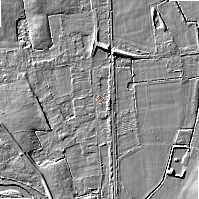 Shaded relief map of the ground around B462JA, computed from Environment Agency LiDAR. The ground here sits at about 69 m above sea level and falls 7 m across the surrounding 800 m. Surface water reaching this point runs off ground lying to the east, 2.4 m higher.