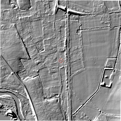 Shaded relief map of the ground around B462JB, computed from Environment Agency LiDAR. The ground here sits at about 69 m above sea level and falls 8 m across the surrounding 800 m. Surface water reaching this point runs off ground lying to the south-south-west, 4.2 m higher.
