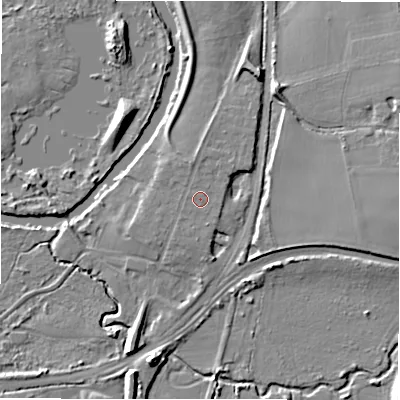Shaded relief map of the ground around B462JG, computed from Environment Agency LiDAR. The ground here sits at about 73 m above sea level and falls 10 m across the surrounding 800 m. Surface water reaching this point runs off ground lying to the south, 0.8 m higher.