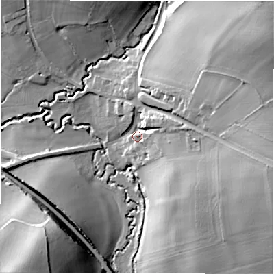 Shaded relief map of the ground around B462LG, computed from Environment Agency LiDAR. The ground here sits at about 88 m above sea level and falls 32 m across the surrounding 800 m. Surface water reaching this point runs off ground lying to the east, 21.1 m higher.
