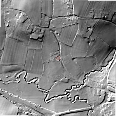 Shaded relief map of the ground around B462LH, computed from Environment Agency LiDAR. The ground here sits at about 87 m above sea level and falls 35 m across the surrounding 800 m. Surface water reaching this point runs off ground lying to the north-north-east, 28.0 m higher.