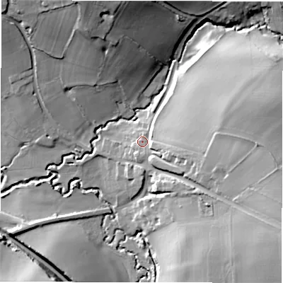 Shaded relief map of the ground around B462LP, computed from Environment Agency LiDAR. The ground here sits at about 88 m above sea level and falls 31 m across the surrounding 800 m. Surface water reaching this point runs off ground lying to the east, 15.4 m higher.
