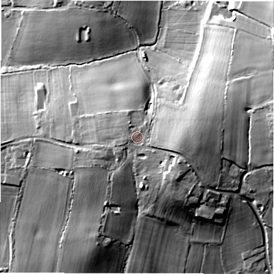 Shaded relief map of the ground around B462PG, computed from Environment Agency LiDAR. The ground here sits at about 97 m above sea level and falls 31 m across the surrounding 800 m. Surface water reaching this point runs off ground lying to the east-south-east, 5.1 m higher.