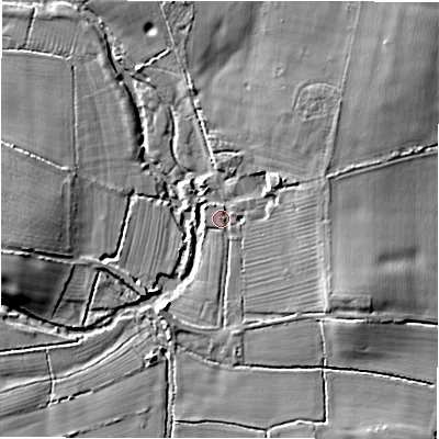 Shaded relief map of the ground around B462QA, computed from Environment Agency LiDAR. The ground here sits at about 75 m above sea level and falls 10 m across the surrounding 800 m. Surface water reaching this point runs off ground lying to the east-north-east, 7.4 m higher.