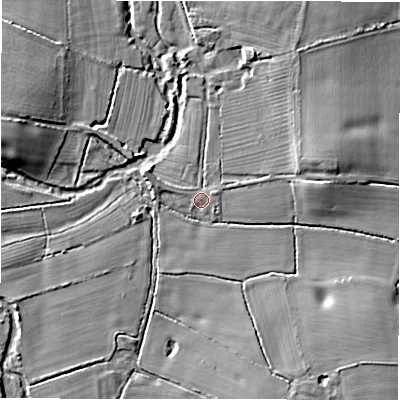 Shaded relief map of the ground around B462QB, computed from Environment Agency LiDAR. The ground here sits at about 76 m above sea level and falls 9 m across the surrounding 800 m. Surface water reaching this point runs off ground lying to the west-north-west, 0.8 m higher.