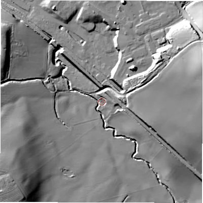 Shaded relief map of the ground around B462SH, computed from Environment Agency LiDAR. The ground here sits at about 91 m above sea level and falls 33 m across the surrounding 800 m. Surface water reaching this point runs off ground lying to the east-north-east, 32.6 m higher.