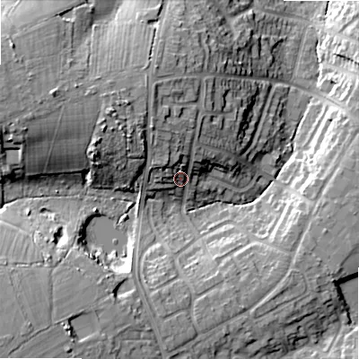 Shaded relief map of the ground around B475DX, computed from Environment Agency LiDAR. The ground here sits at about 158 m above sea level and falls 22 m across the surrounding 800 m. Surface water reaching this point runs off ground lying to the north-north-west, 8.2 m higher.