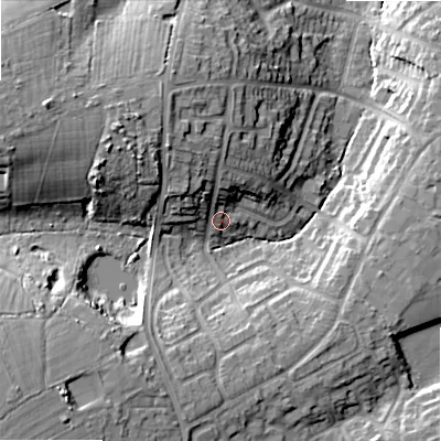 Shaded relief map of the ground around B475DY, computed from Environment Agency LiDAR. The ground here sits at about 156 m above sea level and falls 22 m across the surrounding 800 m. Surface water reaching this point runs off ground lying to the north-north-west, 9.0 m higher.