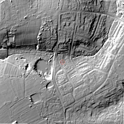 Shaded relief map of the ground around B475EB, computed from Environment Agency LiDAR. The ground here sits at about 155 m above sea level and falls 23 m across the surrounding 800 m. Surface water reaching this point runs off ground lying to the south-west, 15.0 m higher.