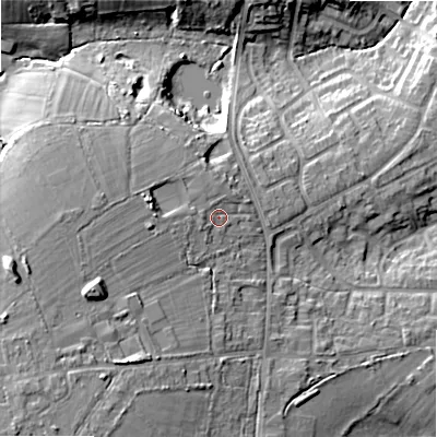 Shaded relief map of the ground around B475HQ, computed from Environment Agency LiDAR. The ground here sits at about 164 m above sea level and falls 21 m across the surrounding 800 m. Surface water reaching this point runs off ground lying to the west, 5.9 m higher.