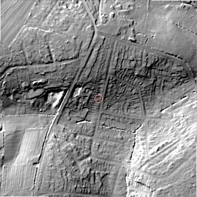 Shaded relief map of the ground around B475JZ, computed from Environment Agency LiDAR. The ground here sits at about 152 m above sea level and falls 24 m across the surrounding 800 m. Surface water reaching this point runs off ground lying to the north-north-west, 11.4 m higher.