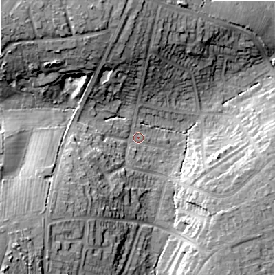 Shaded relief map of the ground around B475LB, computed from Environment Agency LiDAR. The ground here sits at about 148 m above sea level and falls 24 m across the surrounding 800 m. Surface water reaching this point runs off ground lying to the north-west, 19.4 m higher.