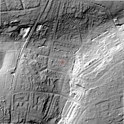 Shaded relief map of the ground around B475LD, computed from Environment Agency LiDAR. The ground here sits at about 147 m above sea level and falls 25 m across the surrounding 800 m. Surface water reaching this point runs off ground lying to the west-south-west, 16.7 m higher.