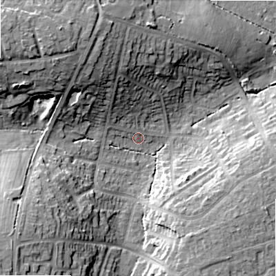 Shaded relief map of the ground around B475LE, computed from Environment Agency LiDAR. The ground here sits at about 146 m above sea level and falls 25 m across the surrounding 800 m. Surface water reaching this point runs off ground lying to the north-north-west, 9.3 m higher.