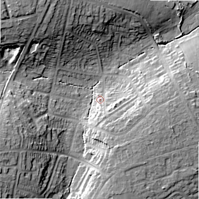 Shaded relief map of the ground around B475LS, computed from Environment Agency LiDAR. The ground here sits at about 149 m above sea level and falls 25 m across the surrounding 800 m. Surface water reaching this point runs off ground lying to the south-south-east, 6.5 m higher.