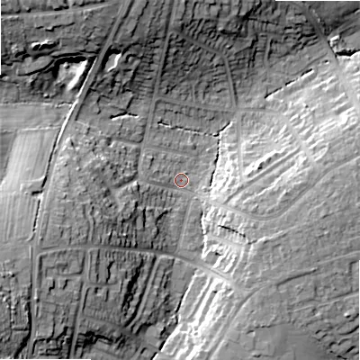 Shaded relief map of the ground around B475LT, computed from Environment Agency LiDAR. The ground here sits at about 147 m above sea level and falls 25 m across the surrounding 800 m. Surface water reaching this point runs off ground lying to the west-south-west, 17.6 m higher.