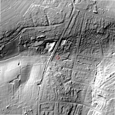 Shaded relief map of the ground around B475NR, computed from Environment Agency LiDAR. The ground here sits at about 151 m above sea level and falls 25 m across the surrounding 800 m. Surface water reaching this point runs off ground lying to the west-north-west, 18.5 m higher.