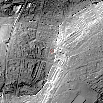 Shaded relief map of the ground around B475NY, computed from Environment Agency LiDAR. The ground here sits at about 148 m above sea level and falls 25 m across the surrounding 800 m. Surface water reaching this point runs off ground lying to the west-south-west, 17.9 m higher.