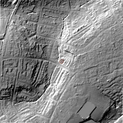 Shaded relief map of the ground around B475PA, computed from Environment Agency LiDAR. The ground here sits at about 150 m above sea level and falls 22 m across the surrounding 800 m. Surface water reaching this point runs off ground lying to the east-south-east, 7.5 m higher.