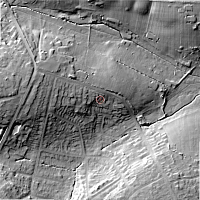 Shaded relief map of the ground around B475PT, computed from Environment Agency LiDAR. The ground here sits at about 151 m above sea level and falls 25 m across the surrounding 800 m. Surface water reaching this point runs off ground lying to the west, 12.3 m higher.