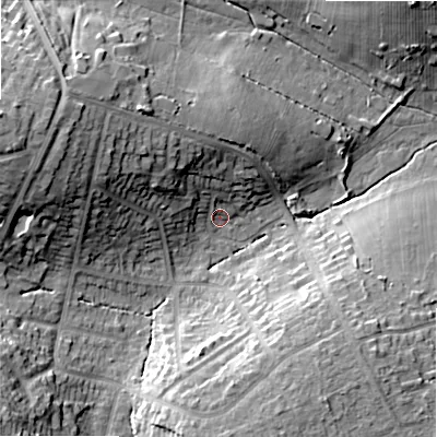 Shaded relief map of the ground around B475PU, computed from Environment Agency LiDAR. The ground here sits at about 145 m above sea level and falls 25 m across the surrounding 800 m. Surface water reaching this point runs off ground lying to the north-west, 9.5 m higher.