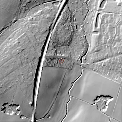 Shaded relief map of the ground around B476HA, computed from Environment Agency LiDAR. The ground here sits at about 143 m above sea level and falls 18 m across the surrounding 800 m. Surface water reaching this point runs off ground lying to the west-north-west, 8.7 m higher.