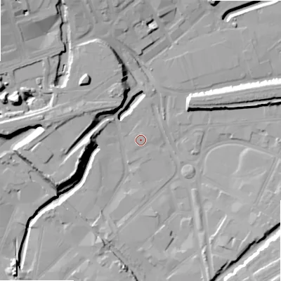 Shaded relief map of the ground around B47XT, computed from Environment Agency LiDAR. The ground here sits at about 100 m above sea level and falls 23 m across the surrounding 800 m. Surface water reaching this point runs off ground lying to the west-south-west, 15.4 m higher.