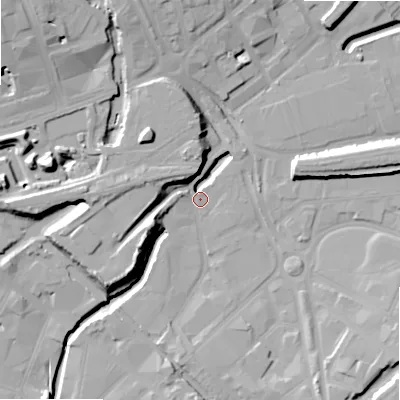 Shaded relief map of the ground around B47XY, computed from Environment Agency LiDAR. The ground here sits at about 100 m above sea level and falls 25 m across the surrounding 800 m. Surface water reaching this point runs off ground lying to the south-west, 15.8 m higher.