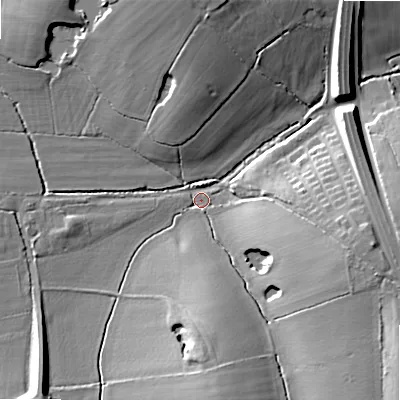 Shaded relief map of the ground around B487JH, computed from Environment Agency LiDAR. The ground here sits at about 152 m above sea level and falls 17 m across the surrounding 800 m. Surface water reaching this point runs off ground lying to the east-south-east, 14.3 m higher.