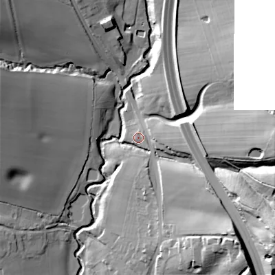 Shaded relief map of the ground around B487RT, computed from Environment Agency LiDAR. The ground here sits at about 107 m above sea level and falls 44 m across the surrounding 800 m. Surface water reaching this point runs off ground lying to the east-south-east, 13.7 m higher.