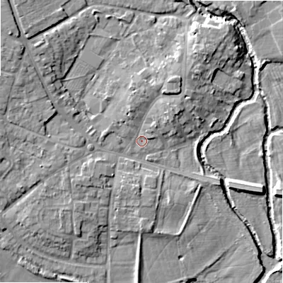 Shaded relief map of the ground around B495AA, computed from Environment Agency LiDAR. The ground here sits at about 40 m above sea level and falls 10 m across the surrounding 800 m. Surface water reaching this point runs off ground lying to the north-north-east, 4.5 m higher.