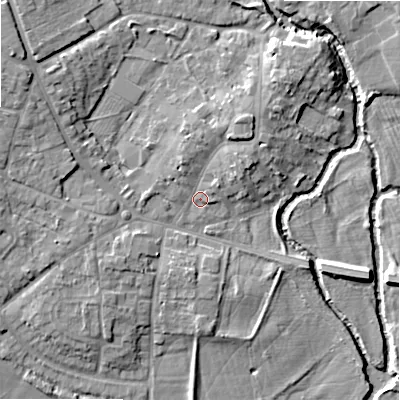 Shaded relief map of the ground around B495AB, computed from Environment Agency LiDAR. The ground here sits at about 40 m above sea level and falls 10 m across the surrounding 800 m. Surface water reaching this point runs off ground lying to the north-north-east, 4.3 m higher.