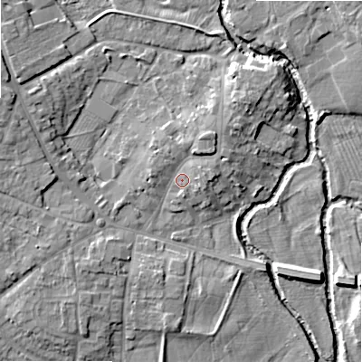 Shaded relief map of the ground around B495AD, computed from Environment Agency LiDAR. The ground here sits at about 41 m above sea level and falls 9 m across the surrounding 800 m. Surface water reaching this point runs off ground lying to the north-north-east, 3.3 m higher.